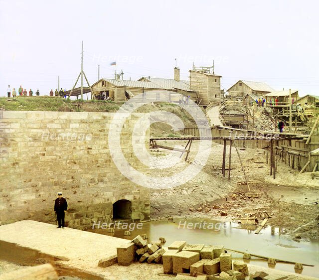 Dam's slender abutment and part of the finished sill, Beloomut, 1912. Creator: Sergey Mikhaylovich Prokudin-Gorsky.