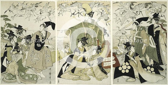 Parody of Minamoto no Yoritomo releasing cranes at Yuigahama, Japan, c. 1805. Creator: Kitagawa Utamaro.