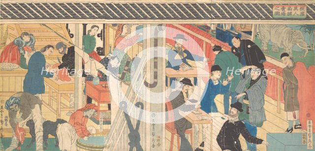 Sales Room at the Foreign Trade Building in Yokohama, 1861. Creator: Sadahide Utagawa.