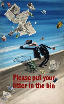 Railway anti-litter poster showing a frantic railway porter surrounded..., WWII, between 1939 & 1946 Creator: Central Office of Information.