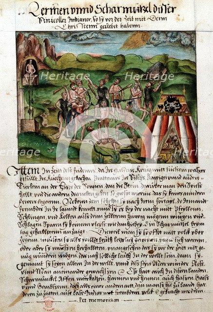 Venezuelans attacking Spanish conquistadors, c16th century. Artist: Hieronyouse Koler