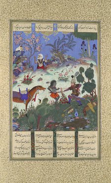 Rustam's Fourth Course, He Cleaves a Witch, Folio 120v from the Shahnama..., ca. 1525. Creator: Qadimi.
