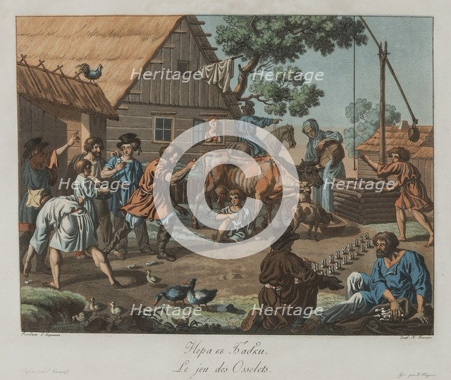 Boys playing Knucklebones (Babki), ca 1812. Artist: Korneev (Karneev), Yemelyan Mikhaylovich (ca 1780-after 1839)