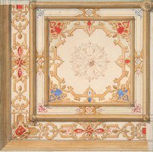 Partial design for a ceiling painted in strapwork and pine cone motifs, 19th century. Creators: Jules-Edmond-Charles Lachaise, Eugène-Pierre Gourdet.