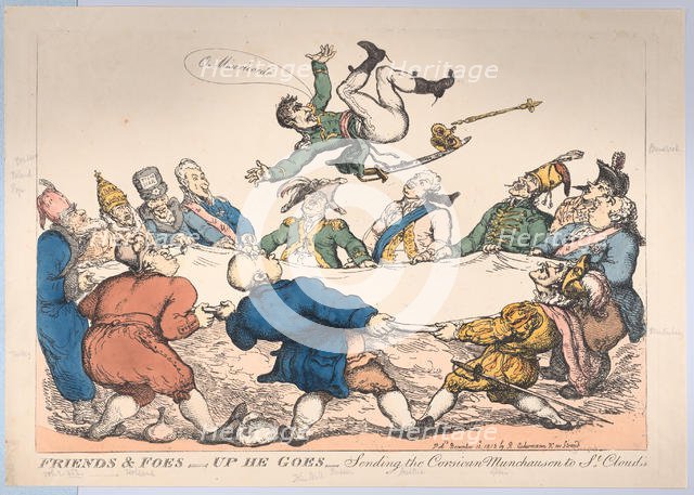 Friends and Foes-Up He Goes-Sending the Corsican Munchausen to St. Cloud's, D..., December 12, 1813. Creator: Thomas Rowlandson.