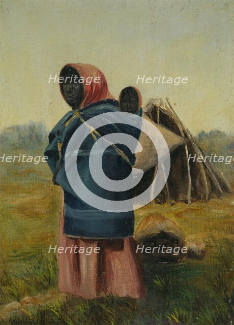 A woman carrying a baby on her back, a tent in the background, between 1800 and 1899. Creator: Unknown.