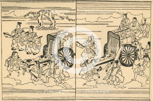 Carriages drawn by oxen, 1663, (1924).  Creator: Hishikawa Moronobu.