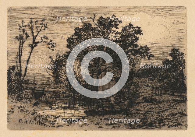 [Cottage and Two Figures in a Boat], 1878. Creator: Charles Henry Miller (American, 1842-1922).