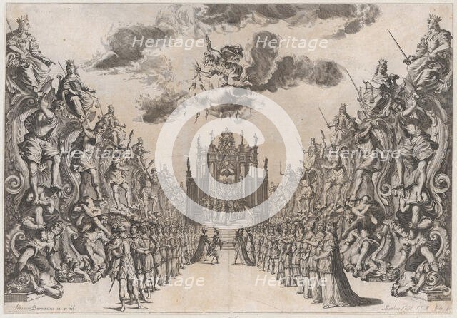Magnificent Hall of Astrea; men and women gathered in the street to view a procession thro..., 1678. Creator: Mathäus Küsel.