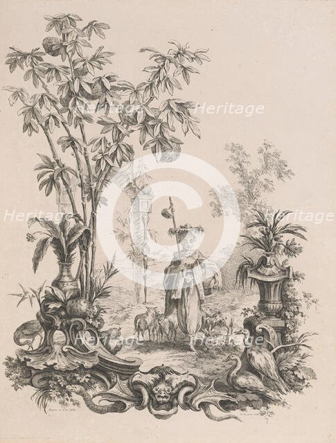 Jeune Chinoise marchant, entourée de ses moutons, ca.1740-50. Creator: Francois-Antoine Aveline.