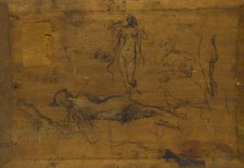 Fillette au ruban bleu (recto) / Cinq études de nus, un paon et une tête de profil (verso), 1865. Creator: Jean Jacques Henner.