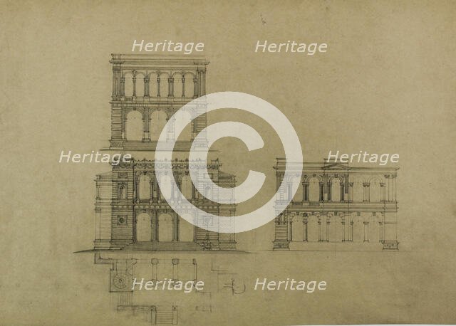 Design Projects, Building Elevation Studies and Plan, c. 1860-1870. Creator: Carl J Furst.