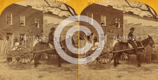 View of a man in mule cart in front of a home, 1875. Creator: Unknown.