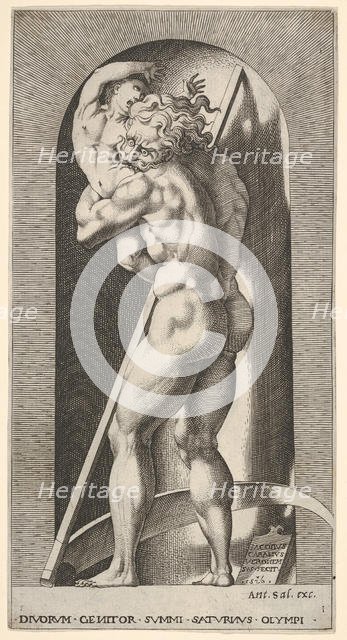 Plate 1: Saturn in a niche devouring his son, standing before a scythe, from a series of m..., 1526. Creator: Giovanni Jacopo Caraglio.