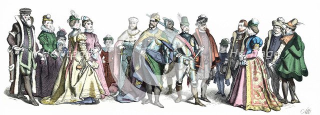 Personages of the court of Charles V, 16th century. German Engraving 1860.