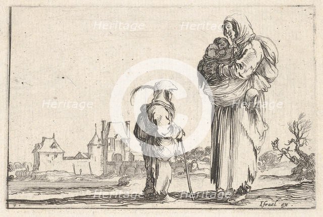 Plate 7: a peasant woman carrying a child to right, speaking to another child standing..., ca. 1642. Creator: Stefano della Bella.