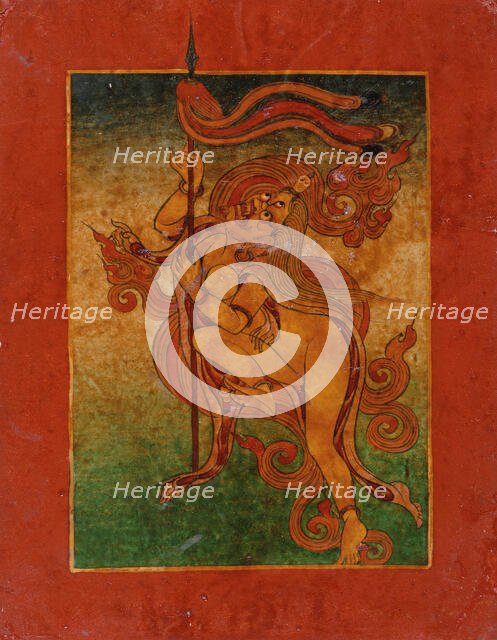Yellow Yami (?) with Spear, Nyingmapa Buddhist or Bon Ritual Card, 18th-19th century. Creator: Unknown.