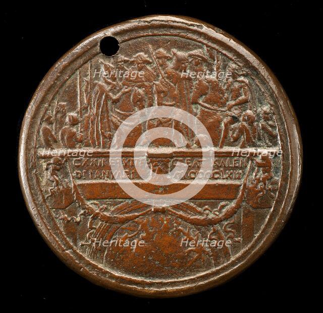 Emperor, Pope, and Cardinals on Ponte Sant' Angelo [reverse], 1468/1469. Creator: Bertoldo di Giovanni.