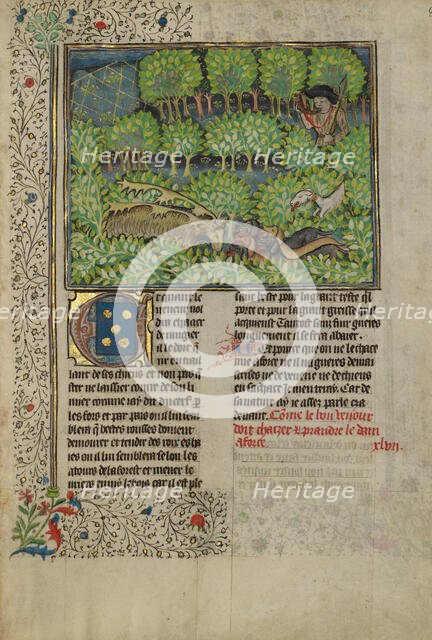A Hunter and Dogs Pursuing Reindeer; Livre de la Chasse, about 1430-1440. Creator: Unknown.