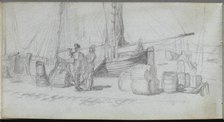 Sketchbook, page 50: Boats, Figures, Cargo on a Beach. Creator: Ernest Meissonier (French, 1815-1891).