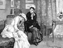 Sophy, huddled upon the sofa,...her...hands hiding her pretty face, answered only by her sobs, 1883. Creator: R. Taylor.