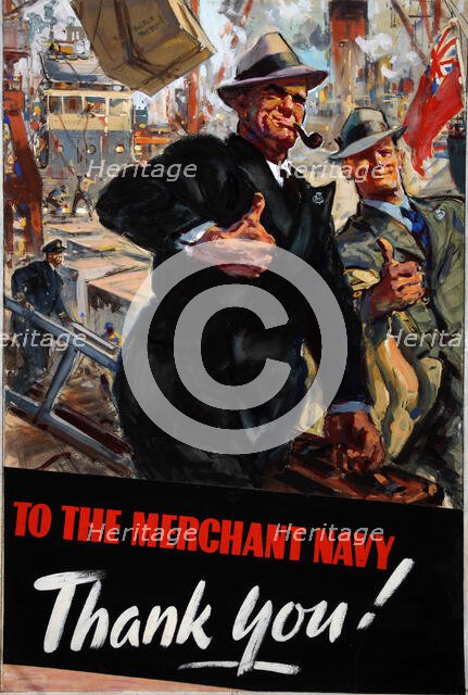 'To the Merchant Navy - Thank you!', World War II poster, between 1939 and 1946. Creators: Central Office of Information, Unknown.