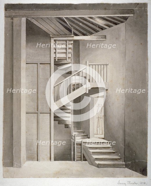 Interior view of the staircase in Surrey Theatre on Blackfriars Road, Southwark, London, 1810. Artist: Clarkson Stanfield