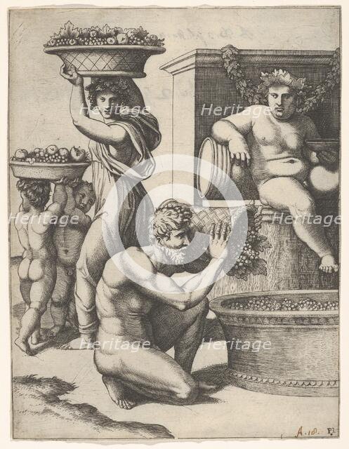 The Vintage; a man pouring grapes from a basket into a vat, above Bacchus sitting, ..., ca. 1517-20. Creator: Marcantonio Raimondi.