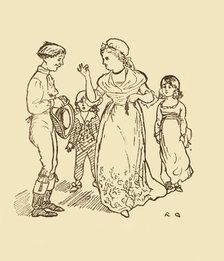 Mrs Gilpin pays the postboy to find her husband, 1878, (c1918). Creator: Randolph Caldecott.