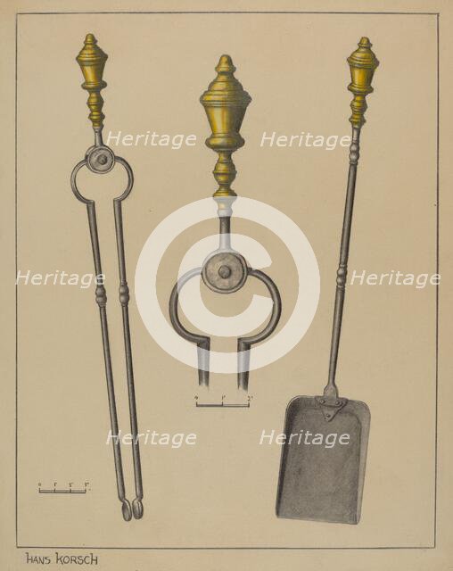 Fire Tongs and Shovel, c. 1937. Creator: Hans Korsch.