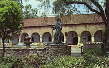 Mission San Fernando and Father Junipero Serra statue, Los Angeles, California, USA, 1956. Artist: Unknown