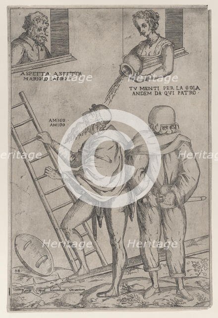 A man climbs a ladder while a woman throws water on him from above, 1575-99. Creator: Giovanni Ambrogio Brambilla.