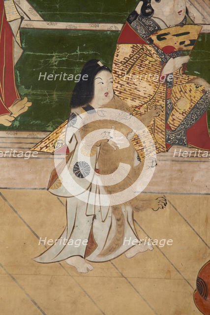 Six-fold screen depicting acrobats performing before a rich household, early - mid-17th century. Creator: Unknown.