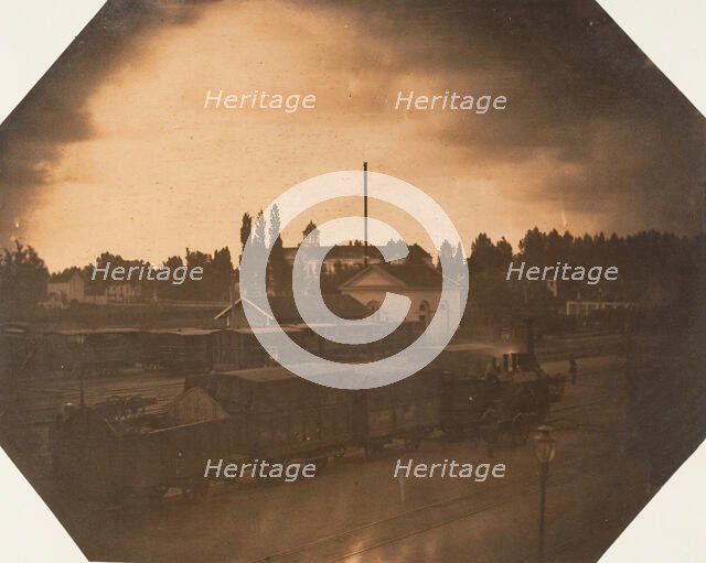 Station de Malines, Epreuve instantanée au passage d'un train au soleil couchant, 1854-56. Creator: Louis-Pierre-Théophile Dubois de Nehaut.