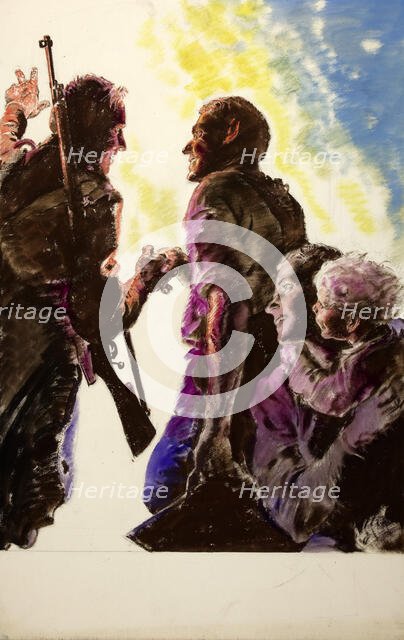 Man, with woman and baby, greeting soldier, between 1939 and 1946. Creators: Unknown, Central Office of Information.