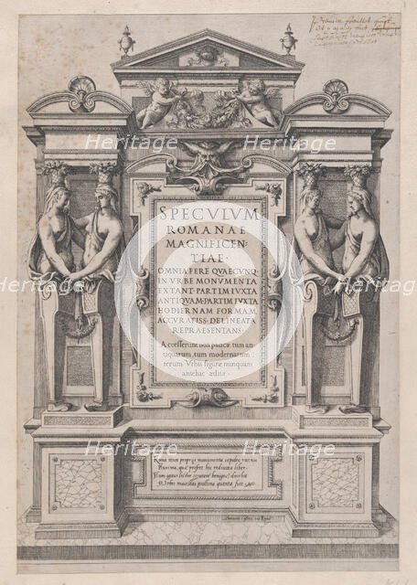 Speculum Romanae Magnificentiae: Title Page engraved within architectonic and sculptura..., 1573-77. Creator: Etienne Duperac.