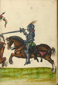 Three Horsemen in Armor from the Time of Emperor Sigismund; Tournament Book, about 1560-1570. Creator: Unknown.