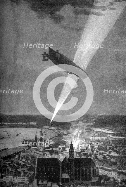 Zeppelin bombardment of Antwerp, First World War, 24 August 1914.Artist: RG Mathews