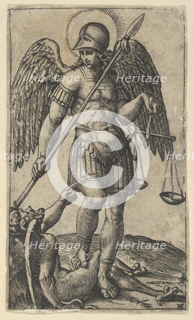 Saint Michael holding scales and a lance, a demon beneath him, from the series 'P..., ca. 1500-1527. Creator: Marcantonio Raimondi.