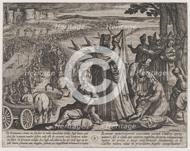Plate 8: Women and Children Observe Civilis Battling the Romans, from The War of the Roma..., 1611. Creator: Antonio Tempesta.