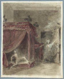 Scene with a skeleton appearing to a figure in bed, c1750s. Creator: George Dance.