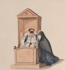 A woman confessing to a priest, from a group of drawings depicting Peruvian costume, ca. 1848. Creator: Attributed to Francisco (Pancho) Fierro.