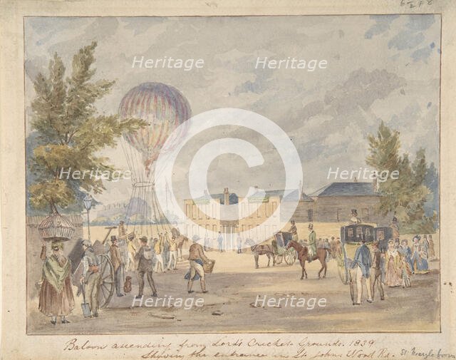 Balloon Ascending Near the Entrance to Lord's Cricket Ground, 1839, ca. 1839. Creator: After Robert Bremmel Schnebbelie.