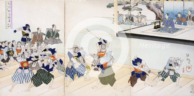 Warlord watches Samurai practising their Swordplay, 19th Century. Creator: Japanese School (19th century).