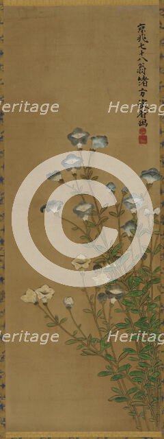 Blue and white flowers on slender stalks, Edo period, 18th-19th century. Creators: Ogata Kenzan, Unknown.