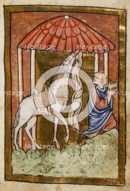 Cuthbert's horse pulls down bread and meat, last quarter of the 12th century.  Creator: Unknown.