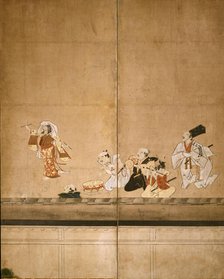 Six-fold screen depicting acrobats performing before a rich household, early - mid-17th century. Creator: Unknown.