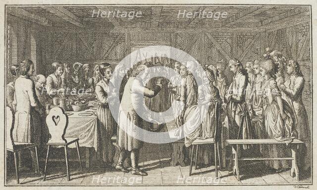 Illustration for Paul Erdmans Fest Wandsbecher 'Messenger from M. Claudius,' fourth part, 1783. Creator: Daniel Nikolaus Chodowiecki.