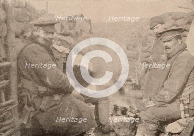 Dinner in the trenches, c1915 (1928). Artist: Unknown.