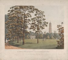 A View in Kew Gardens of the Alhambra and the Pagoda, 1813. Creator: Heinrich Schutz.